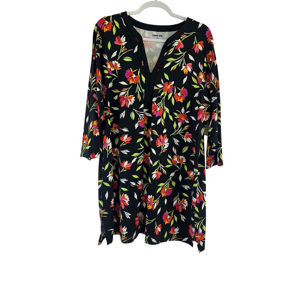 Lands' End Swim Cover Up Dress Black Floral Tropical 3/4 Sleeve Women 1X 16-18